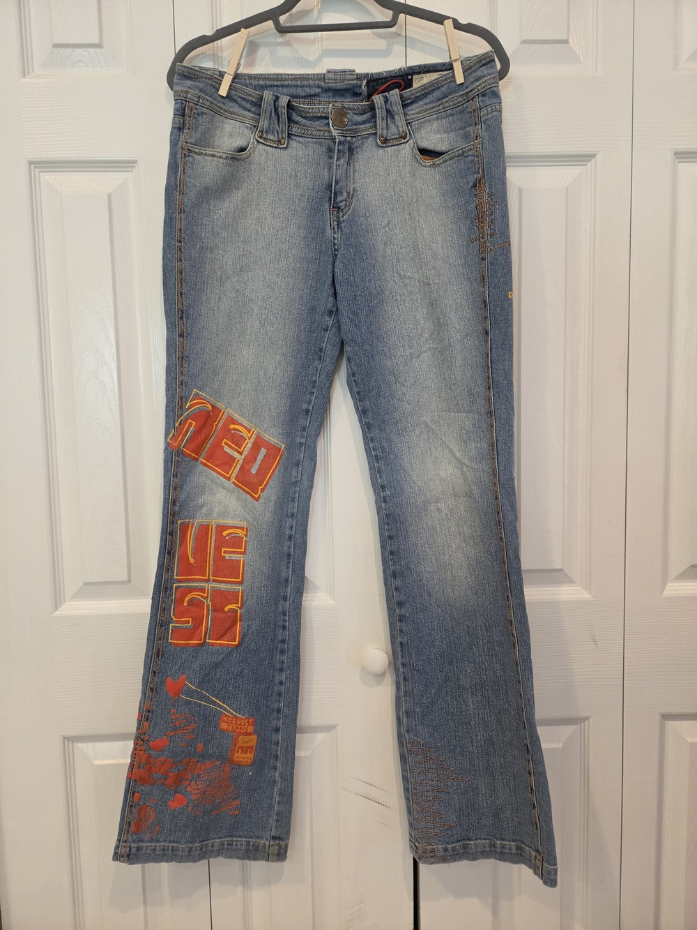 Vintage Y2k Request Light Blue Flare Jeans with Orange & Red Graphic